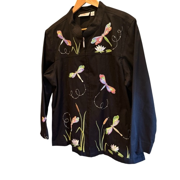 Quacker Factory XL Dragonfly Embroidered Jacket Black Zip Front Cotton Stretch - Picture 8 of 14